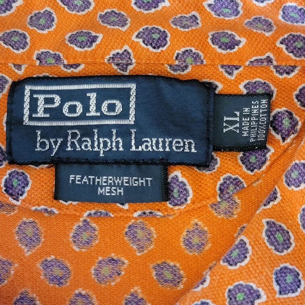 Polo Ralph Lauren Polo Shirt Mens XL Orange Paisley Floral Featherweight Mesh‎